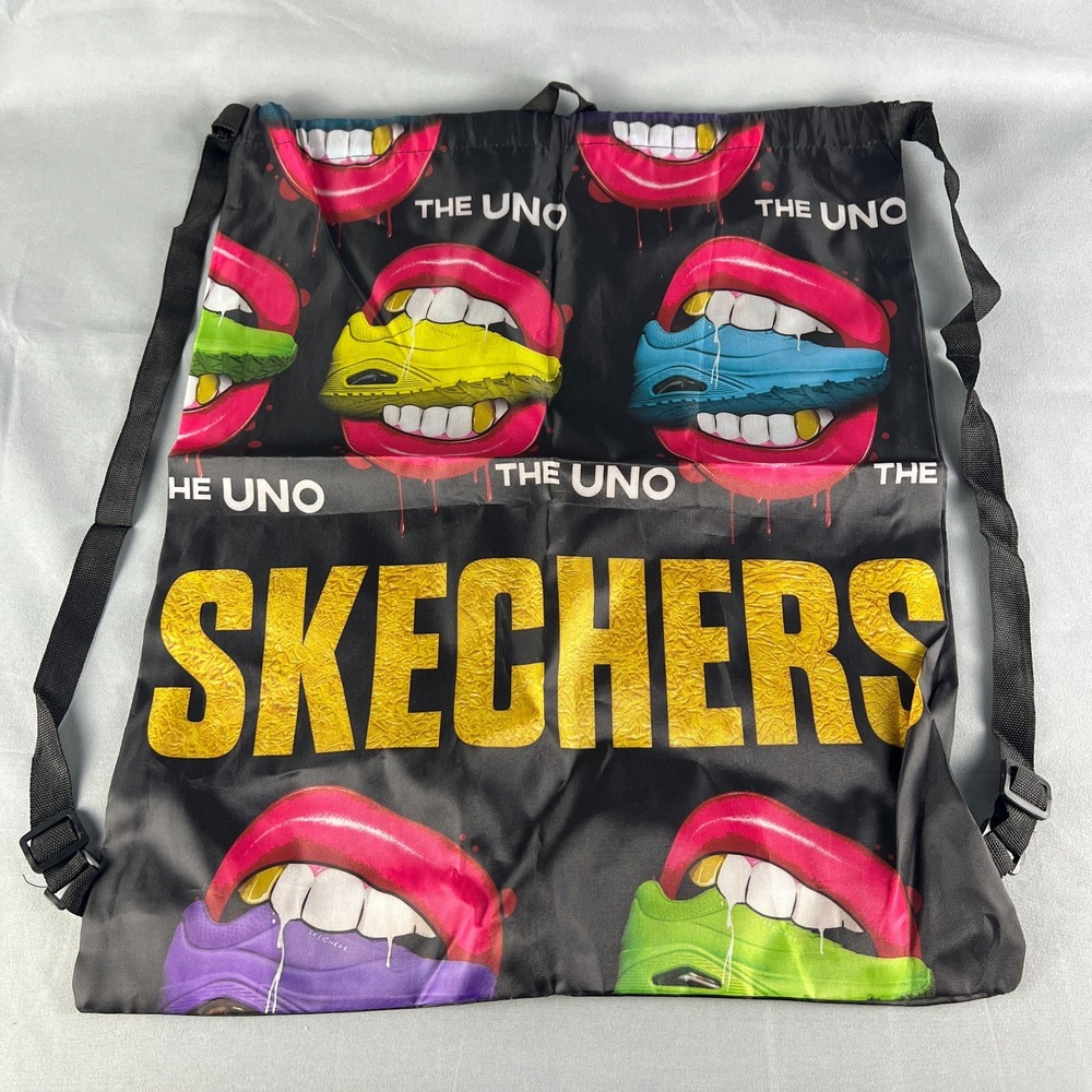 Skechers The Uno Drawstring Bag Mens Black Multi Lips Graphic Adjustable Strap